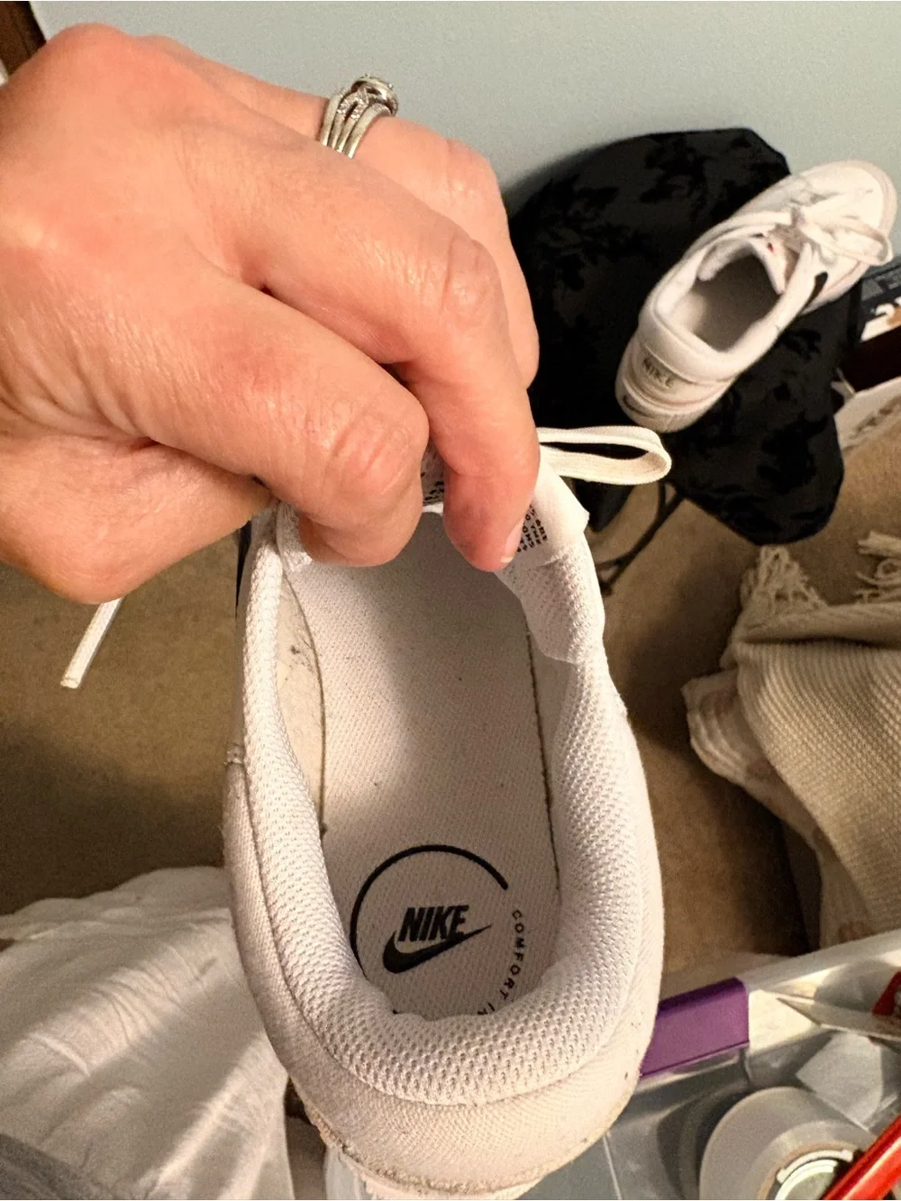 Nike Women’s Court White Sneakers with Black Swoosh and Gold Accent